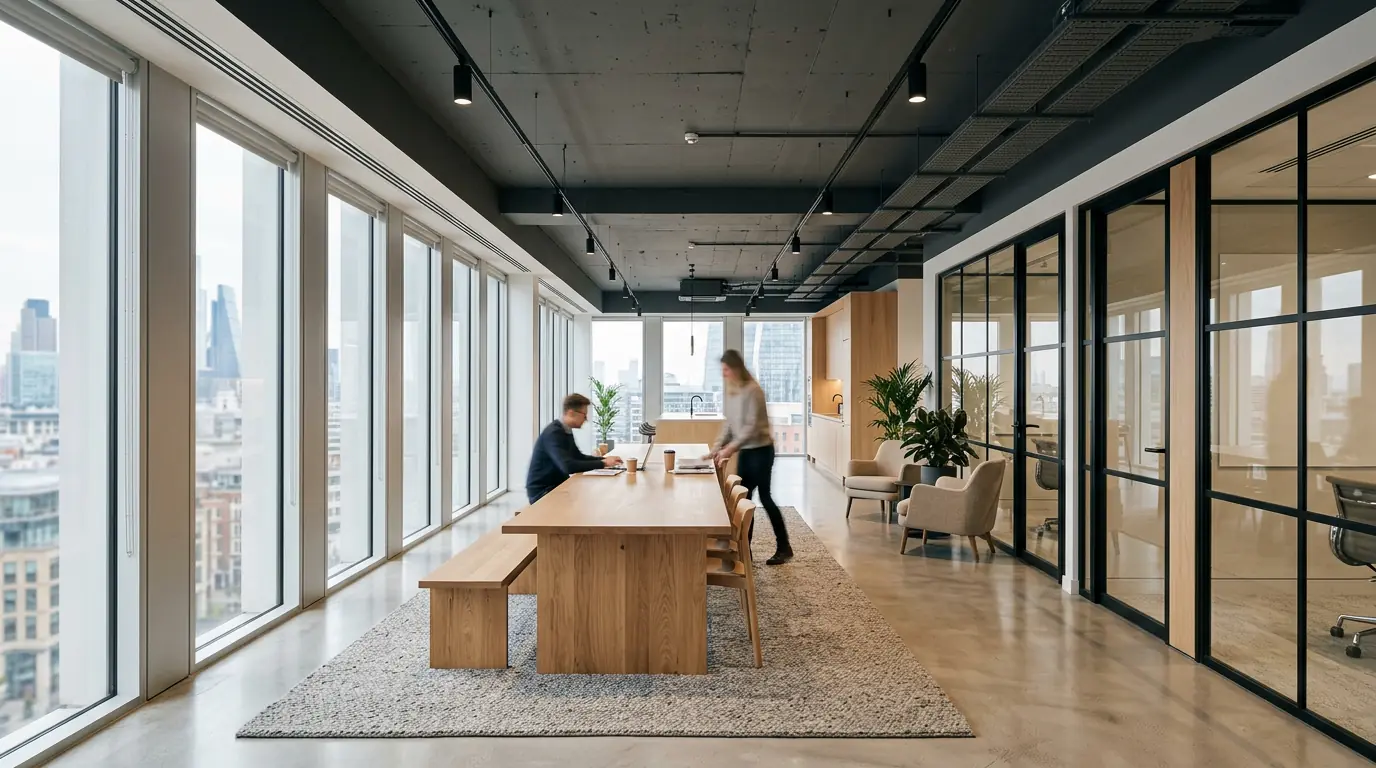 Completed open-plan office with oak joinery, glazed meeting rooms and an exposed services soffit