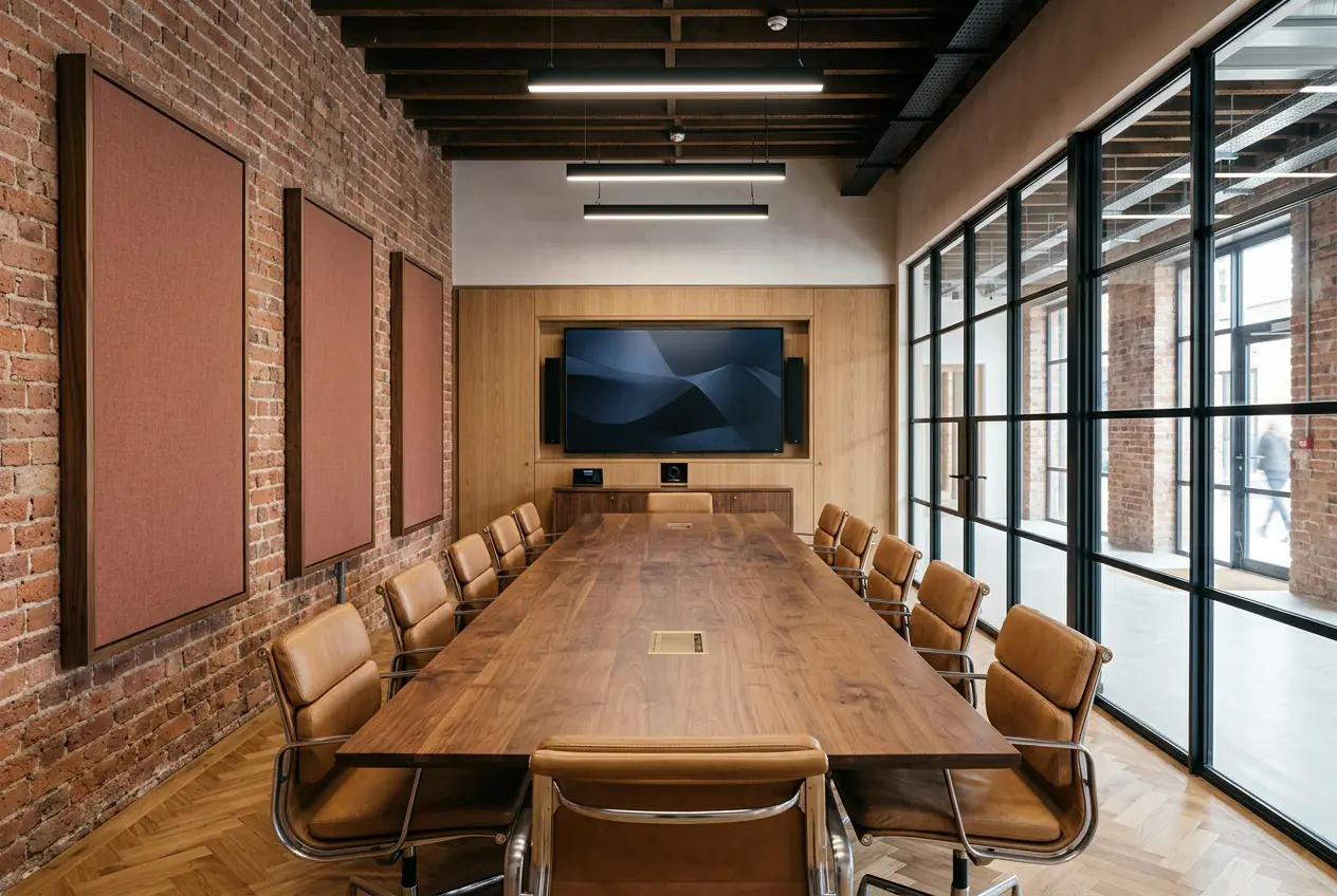 Glazed boardroom with a long meeting table and presentation screen