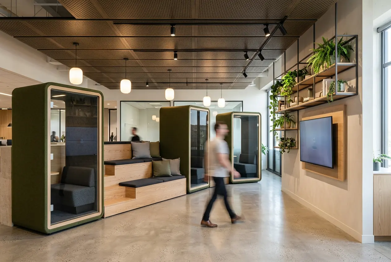 Collaboration zone with informal seating and meeting tables