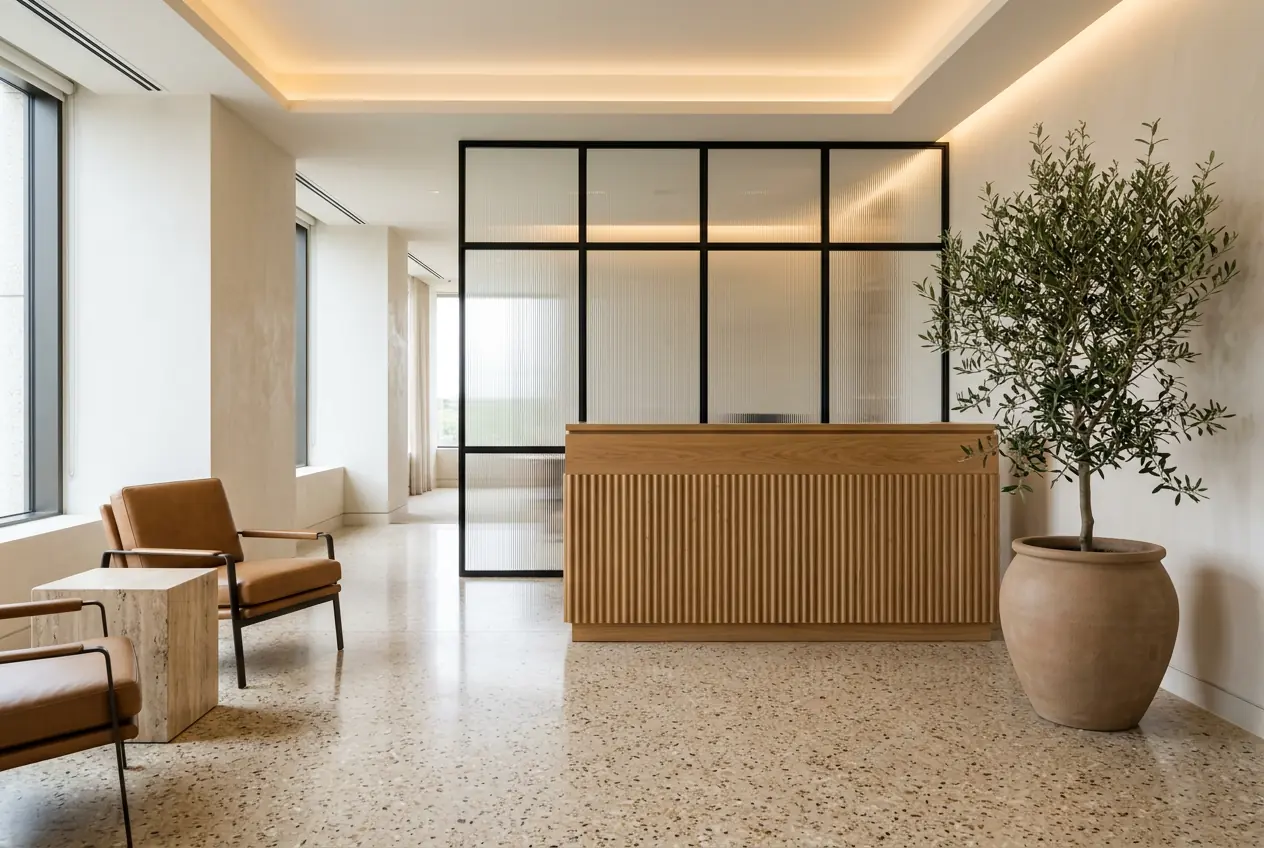 Office reception area with a feature desk and waiting seating