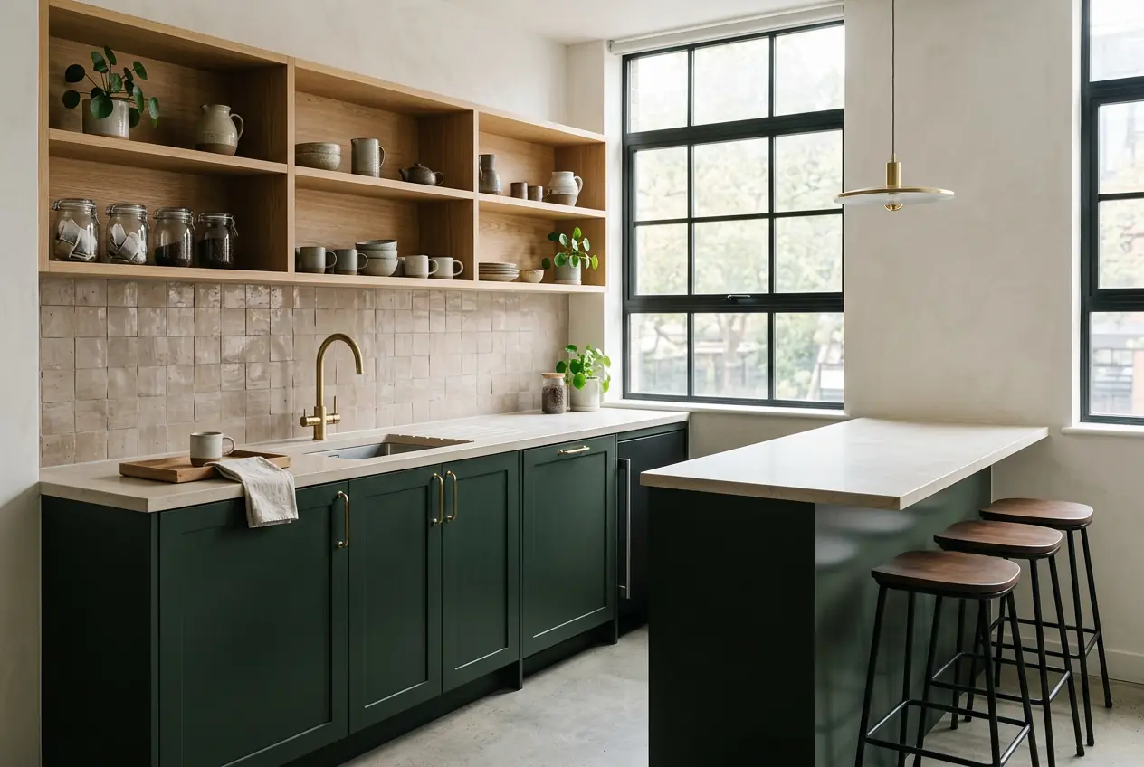 Office tea point and kitchen serving an open-plan floor