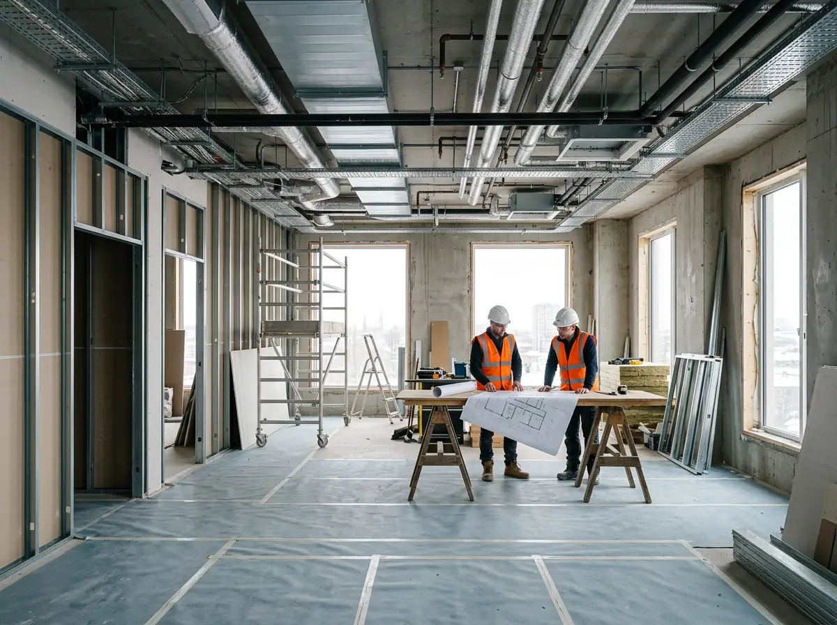 Office floor during fit-out works with partitions and ceilings in progress